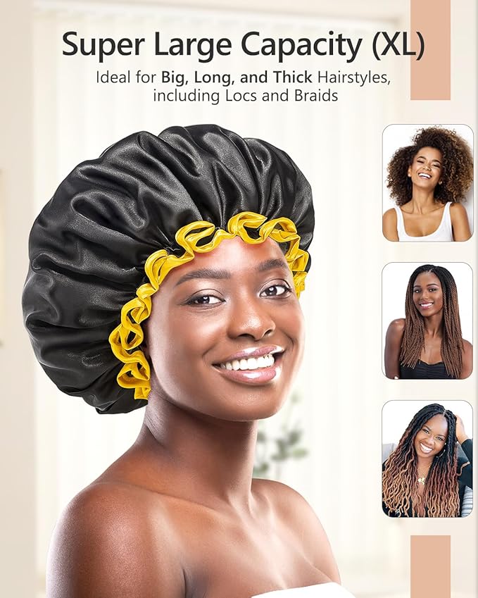 mikimini Extra Large Black Shower Caps Pack of 2 for Women and Men Thick Long Hair Braids, Reusable Waterproof Double Layers XL Bathing Hair Cap with Vibrant Yellow Edge (Black)