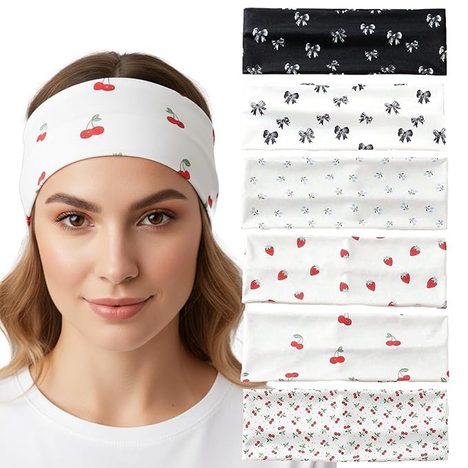 6 Pack Headbands for Women Trendy Bow Print, Cherry Thick Elastic Headbands Non Slip Fashion Head Bands for Workout Yoga Running Sport