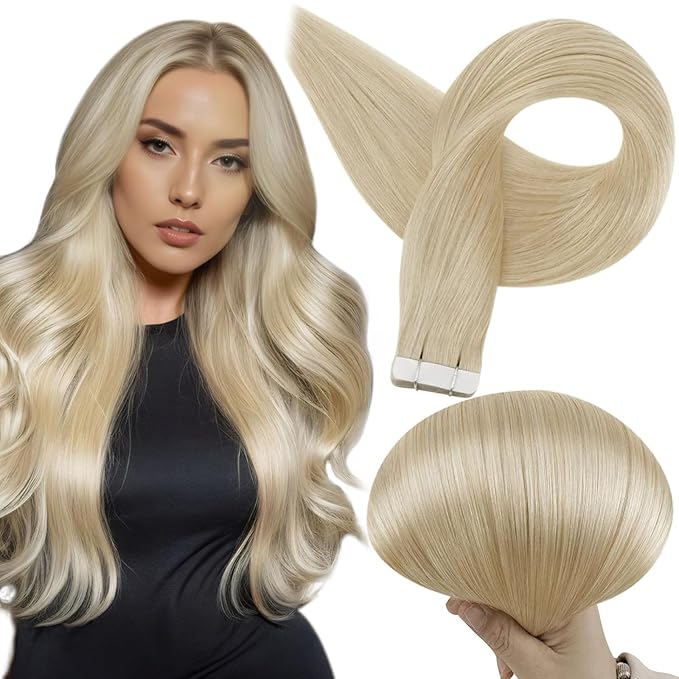 Full Shine Remy Hair Extensions Real Human Hair Tape in 14Inch Seamless Tape Hair Extensions 613 Bleach Blonde Tape ins Silky Straight Hair 20pcs Double Sided Adhesive Tapes in Hair 50g for Women