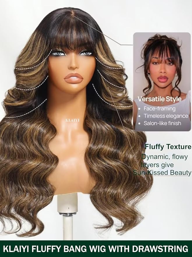 KLAIYI Ombre Brown Loose Body Wave Pre Everything Glueless 13x4 HD Lace Front Human Hair Wig with Natural Bang Highlight Balayage Brown Precut Lace Pre Plucked Bye Bye Knots Drawstring Wig 180% 26Inch