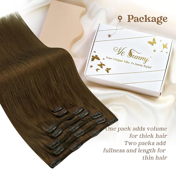 Ve Sunny Brown Hair Extensions Clip in Real Human Hair 20 inch Double Weft Remy Straight Human Hair Extensions Clip ins for Women 7pcs 120g