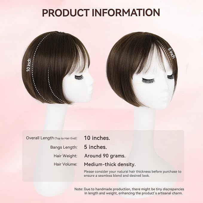 LEEONS Hair Toppers for Women with Bangs Short Bob Synthetic Pieces for Thinning Hair Side Part (Mixed Dark Brown)