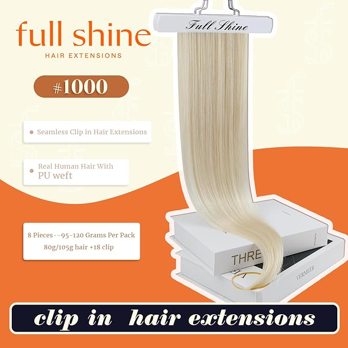 Full Shine Seamless Hair Extensions Clip in White Blonde Extensions Clip in Straight Real Human Hair for Women with PU Weft Full Head 16 Inch 120 G 8 PCS