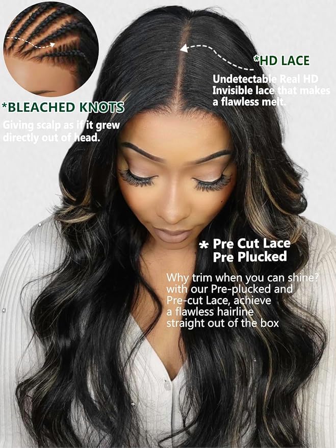 KLAIYI Bye Bye Knots Glueless Wig Human Hair 13x4 Balayage Highlight 3D Body Wave Precut Lace Front Wig with Baby Hair Black Mix Blonde Brown Pre Plucked Pre Bleached Knots Wig 30S Easy to Wear 22Inch