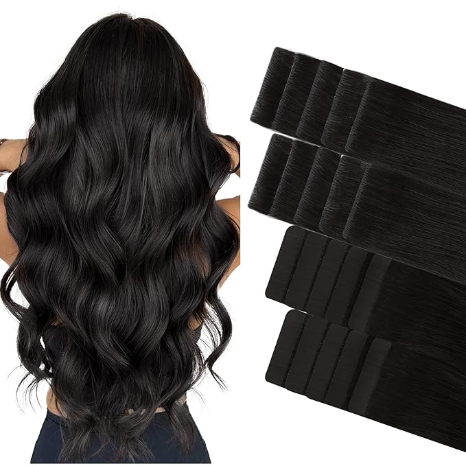 GOO GOO Invisi Edge Tape in Hair Extensions Human Hair, 1B Natural black 10pcs injected with 10pcs classical tape ins, 24inch 50g, Virgin Remy Hair, Natural Look