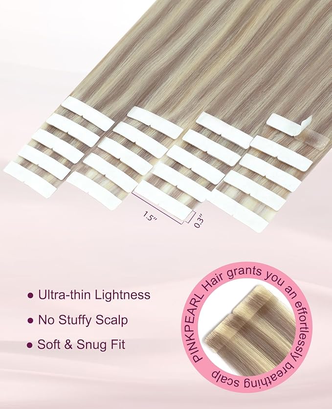Pinkpearl Invisible Tape in Hair Extensions Human Hair, 20pcs 20inch 55g #18P60 Ash Blonde Highlighted Platinum Blonde Injection Tape in Extensions Real Remy Seamless Human Hair Injected