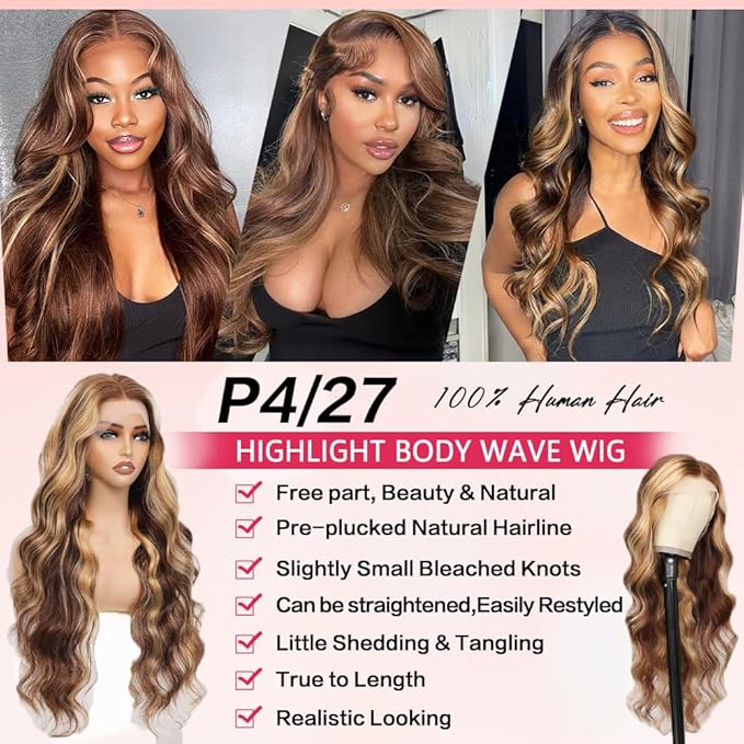 34 Inch Ombre Lace Front Wig Human Hair 180 Density 13x6 Highlight Wig Human Hair 4/27 Body Wave Lace Front Wigs Pre Plucked Glueless HD Lace Frontal Wig