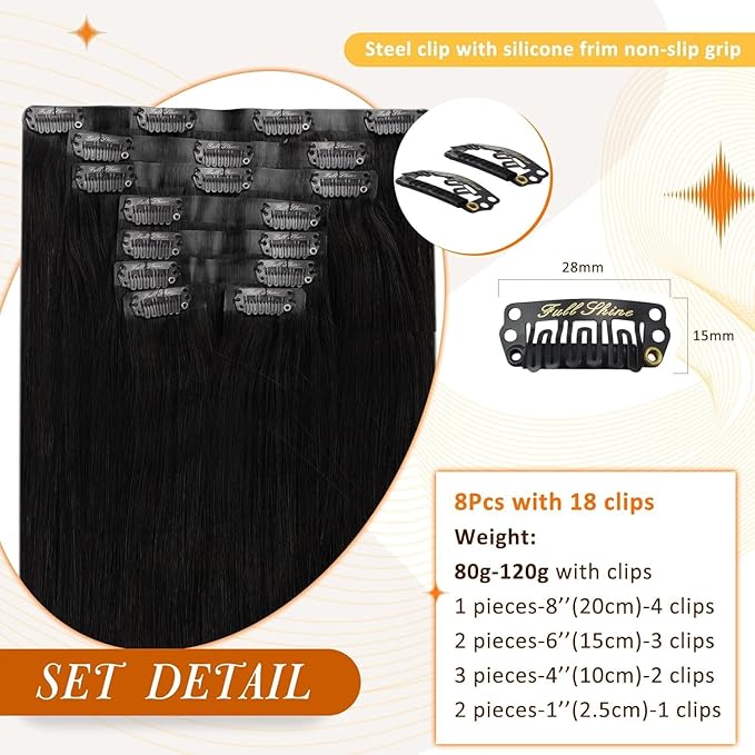 Full Shine Hair Extensions Clip in Human Hair Black Seamless Clip in Hair Extension Black Hair Extensions Clip ins Short Hair Full Head Softness 14 Inch 8 PCS 120 G