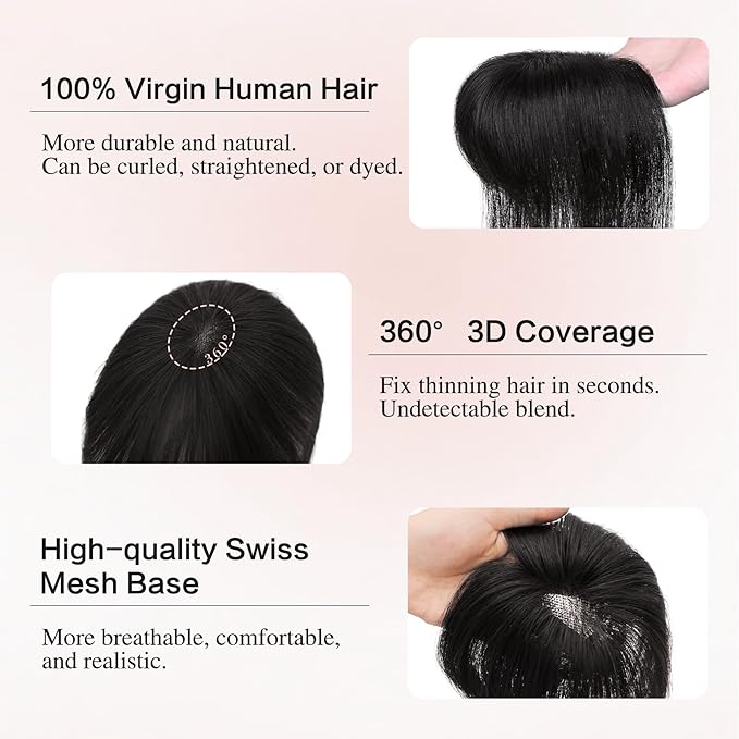 Hair Toppers for Women Real Human Hair 3D Bangs Clip 100% Human Toppers for Women 10 Inch Clip in Bangs Hairpieces(Natural Black)