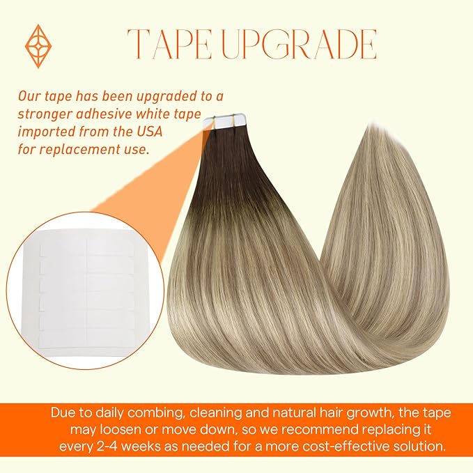 Full Shine Tape in Hair Extensions Human Hair 50 Gram Darkest Brown Fading to Ash Blonde and Platinum Blonde Skin Weft Tape in Extensions 16 Inch Double Sided Tape ins Extensions Remy 20Pcs