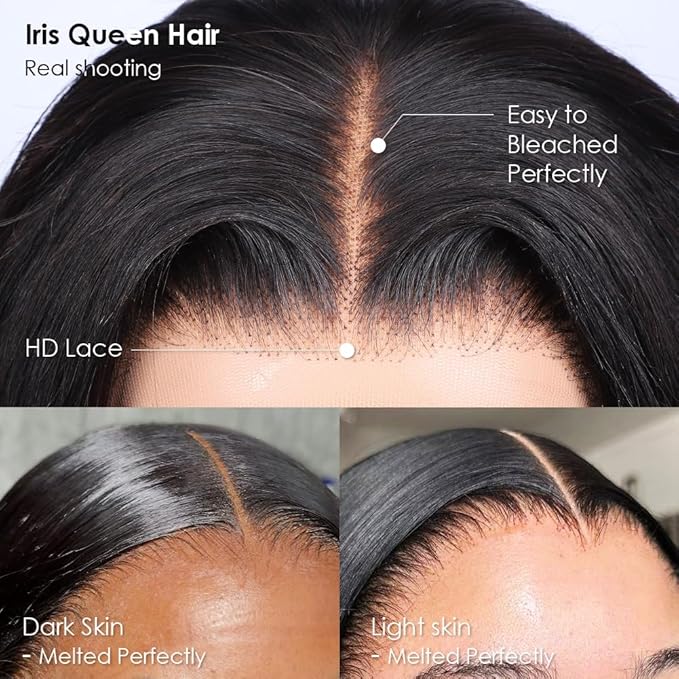 Iris Queen 12A 16inch Straight 13x4 HD Lace Front Wigs Human Hair Pre Plucked Short 180 Density Transparent Lace Frontal Wigs for Black Women Brazilian Virgin Black Human Hair