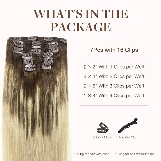 GOO GOO Clip in Hair Extensions Real Human Hair, Remy Human Hair Extensions Clip ins for Women, Natural Human Hair, 18inch 120g 7Pcs, 4/18 Balayage Chocolate Brown Highlighted Dirty Blonde