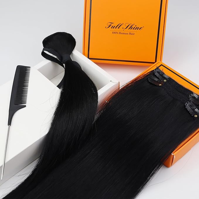 Full Shine Clip in Human Hair Extensions 18 Inch Invisible Clip in Hair Extensions with Lace Weft Jet Black Straight Hair Longevity 3 Pcs 60 Grams