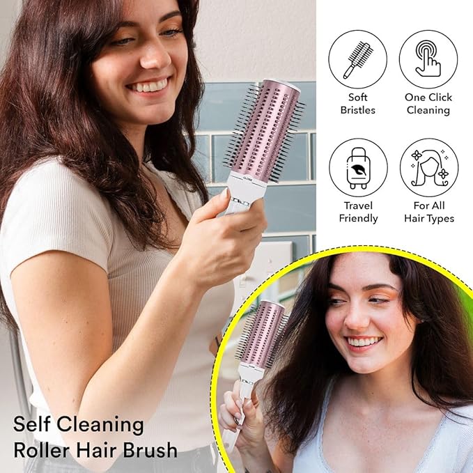 Curly Hair Brush Detangler Comb - Self Cleaning Hair Brushes for Women - Roller Retractable Travel Hairbrush - Rose Gold White Christmas Gifts