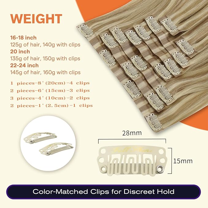Full Shine Clip in Hair Extensions 18 inch 140g 8Pcs Golden Blonde Mix Light Blonde Natural Seamless Hair Extension for Women Add Volume