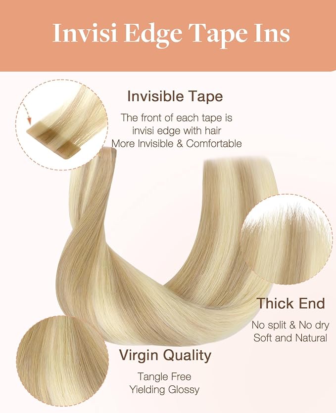 GOO GOO Invisi Edge Tape in Hair Extensions Human Hair, 18A/613A Dark Blonde Highlighted Bleach Blonde 20pcs 24inch 50g, Virgin Remy Hair, Seamless Injected Tape, Natural Look