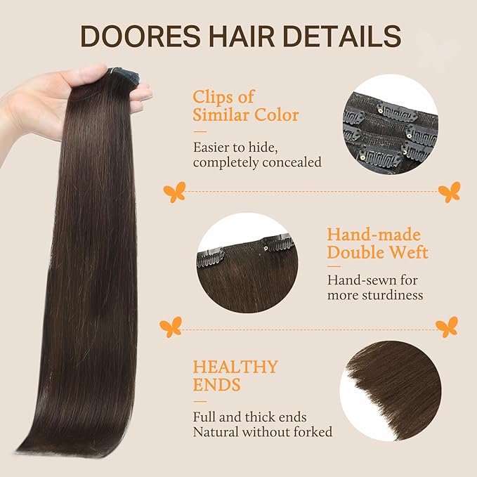 DOORES Hair Extensions Real Human Hair, Light Dark Brown 18 Inch 135g 7pcs, Thick Clip in Extensions Remy Weft Natural for Birthday Gift