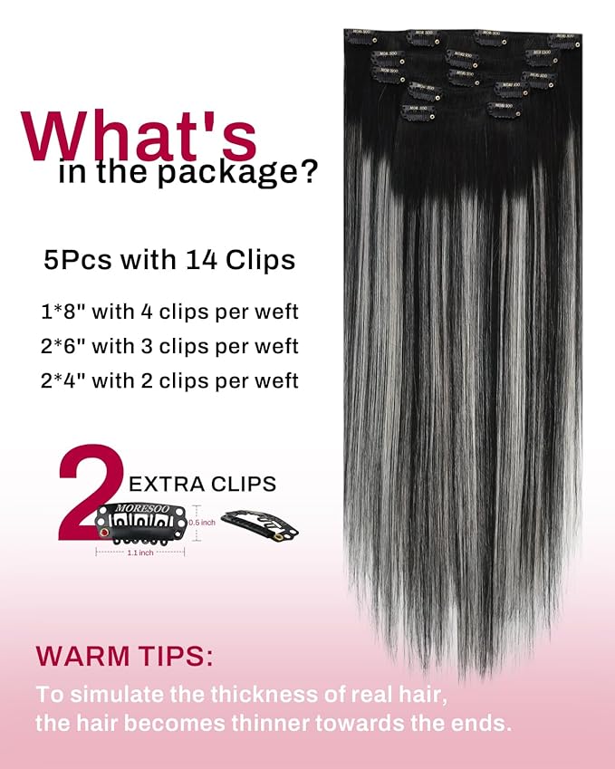 Moresoo Clip in Hair Extensions Real Human Hair Double Weft Human Hair Clip in Extensions Straight Ombre Balayage Black Mixed with Silver Grey 5pcs 80g 22inch