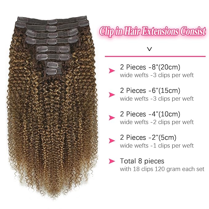 Kinky Curly Clip in Hair Extensions Real Human Hair 4/27/4 Omber Kinky Curly Clip ins For Women 3c 4a Brazilian Virgin Clip on Hair (26inch,#4/27/4)