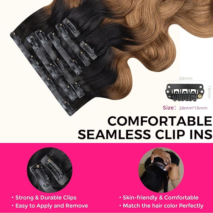 Lashey Seamless Clip in Extensions 110g 7pcs Body Wave Ombre Natural Black to Medium Auburn Clip in Hair Extensions Human Hair 20 Inch Natural Soft Hair Extensions for Women