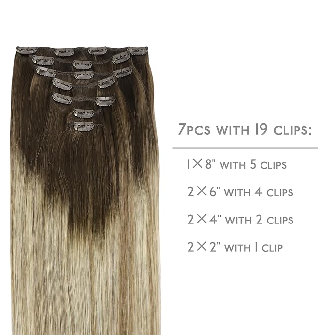 WENNALIFE Clip in Hair Extensions Real Human Hair, 14 Inch 120g 7pcs Ombre Walnut Brown to Ash Brown and Bleach Blonde Clip in Human Hair Remy Clip in Hair Extensions Real Human Hair Double Weft