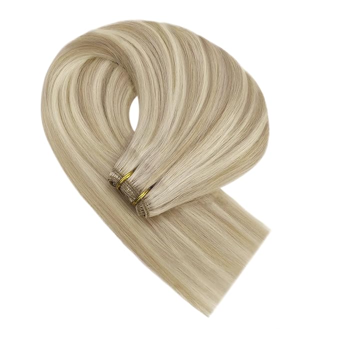 YoungSee Weft Hair Extensions Warm Ash Blonde Highlights Bleach Blonde Sew in Hair Extensions Real Human Hair Highlights Hair Extensions Sew in for Long Hair 22Inch 100G