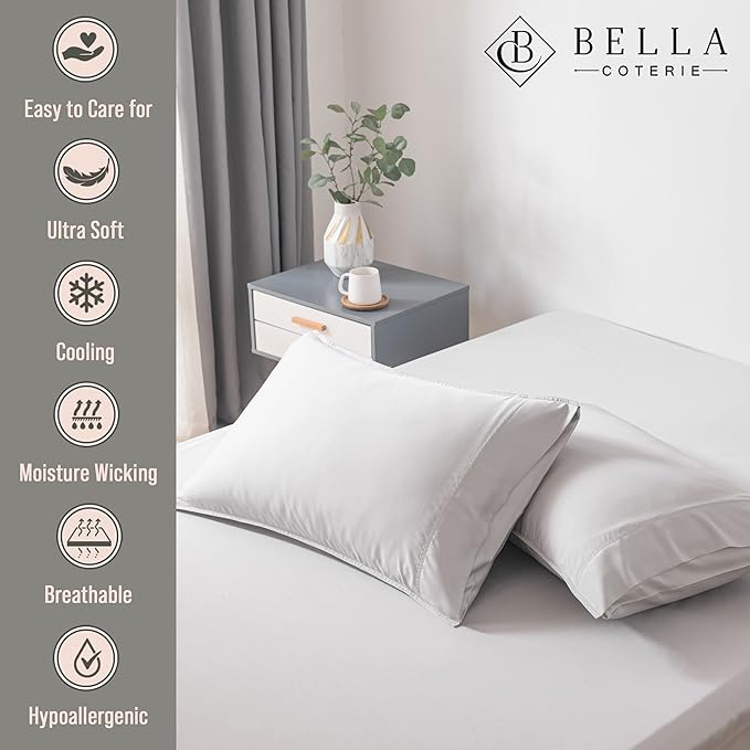 Bella Coterie | Luxury Bamboo Viscose Standard Size Pillowcase Set | 100% Organically Grown | Ultra Soft | Cooling | 2 Pcs [Grey Mist]