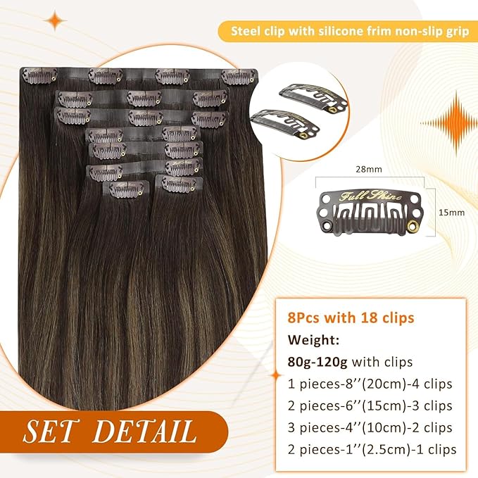 Full Shine Human Hair Clip in Extensions Balayage Dark Brown to Ash Brown Highlights Hair Extension Clip ins with Thick Ends for Women 18 Inch 120 Grams 8 PCS