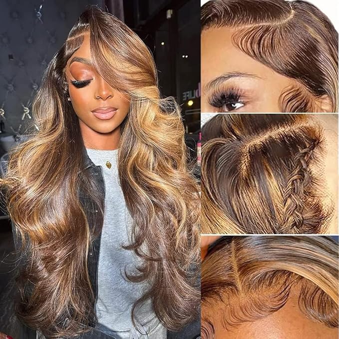 210% Density 13x6 Highlight Ombre Full Lace Frontal Wigs Human Hair 12A Body Wave Brazilian Human Hair Pre Plucked 4/27 Honey Blonde HD Glueless Transparent Lace with Baby Hair 30 Inch