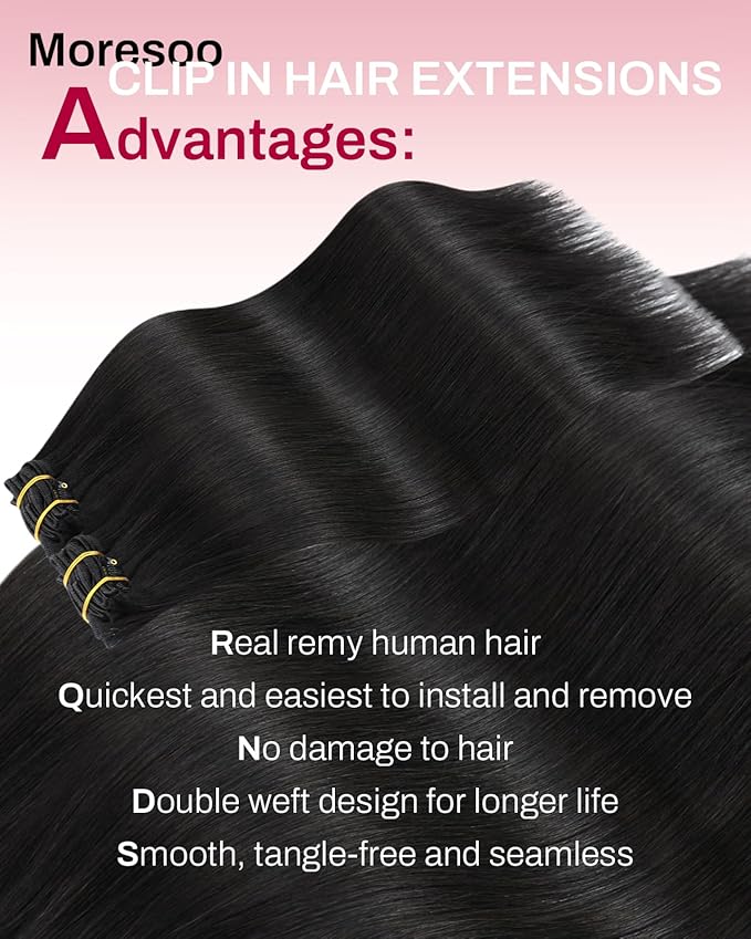 Moresoo Clip in Hair Extensions Natural Black Remy Straight Invisible Lace Double Weft Clip in Human Hair Extensions Natural Black #1b 5pcs 80g 18inch