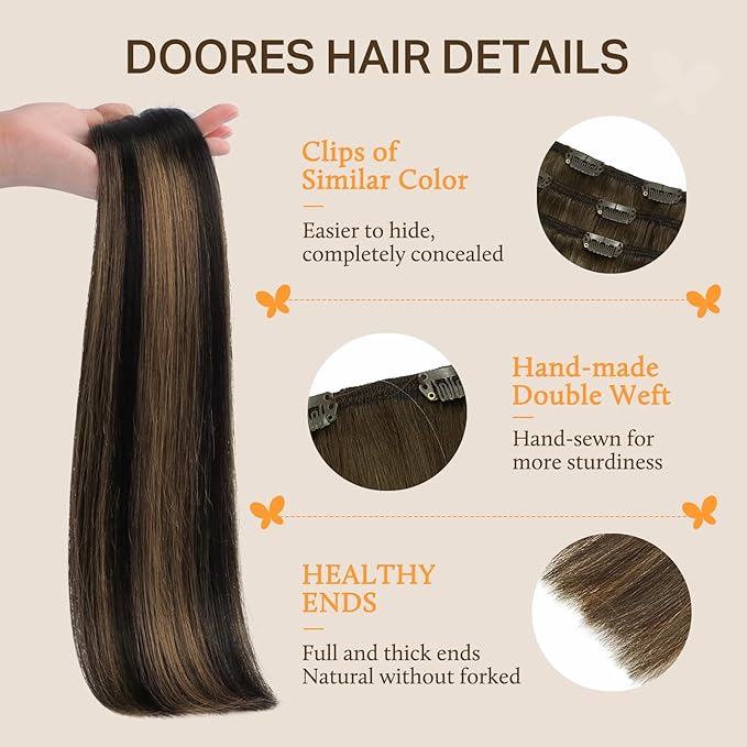 DOORES Hair Extensions Clip in Real Natural Black to Chestnut Brown 120g 22 Inch 7pcs Balayage Clip in Human Hair Extensions Natural Hair Extensions Straight