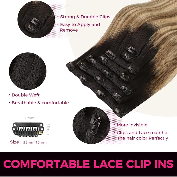 Lashey Clip in Hair Extensions Human Hair Straight 120g 7pcs Classic Clip in Hair Extensions Balayage Ash Brown to Honey Blonde with Dark Root 14 Inch Soft Hair for Women