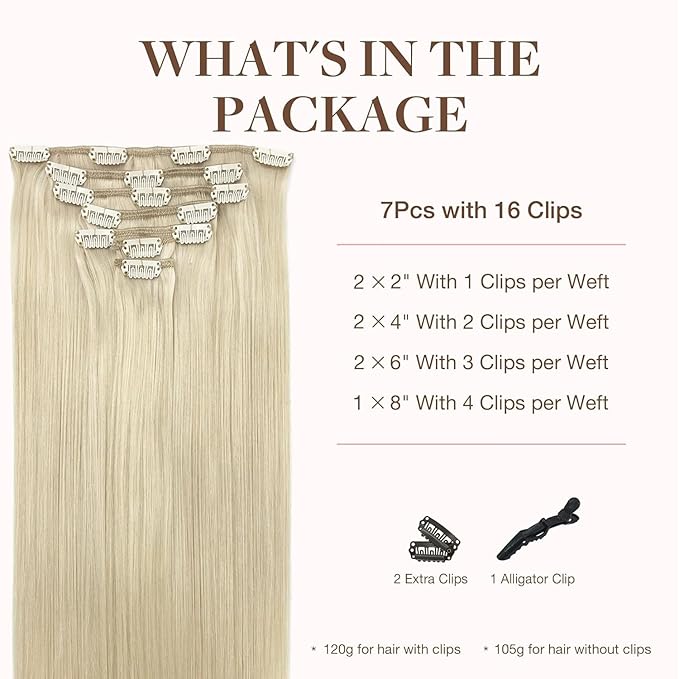 GOO GOO Clip in Hair Extensions Real Human Hair, Remy Human Hair Extensions Clip ins for Women, Natural Human Hair, 22inch 120g 7Pcs, 60A Platinum Blonde