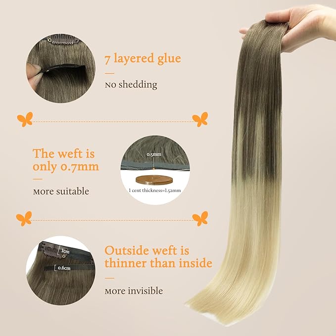 DOORES Seamless Clip in Hair Extensions, Ash Brown to Platinum Blonde, 18 Inch, 130g, 7pcs, Human Hair Extensions, Remy Natural Hair, Seamless Weft, Thick Hair, Invisi Edge