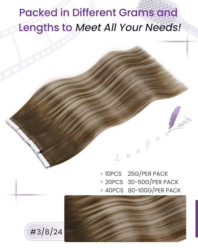 LaaVoo Tape in Hair Extensions Balayage Tape in Human Hair Extensions Ombre Dark Brown to Blonde Hair Extension Tape on Seamless 22inch 20pcs 50g
