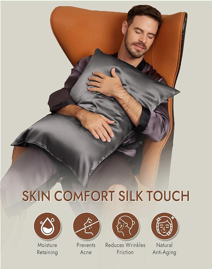 SilkSilky 100% Mulberry Silk Pillowcase - Pure 22 Momme High-Grade 6A Fibers for Hair & Skin, Envelope Closure, Natural, Organic, Breathable & Cooling Pillow Case (Queen, Dark Gray)