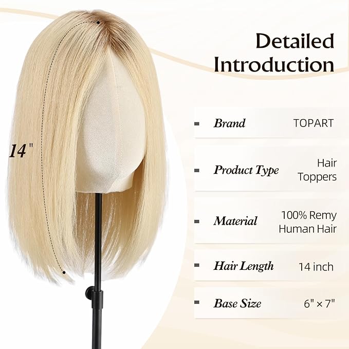 Large MONO Top Hair Toppers for Women Remy Human Hair 14 Inch 6"x7" Big Base Partial wig Cover Thinning Hair or Loss No Bangs Natural Wiglets(Light Blonde Mixed Brown)