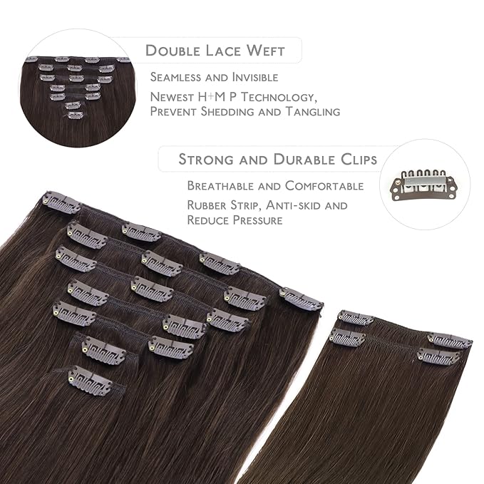 WENNALIFE Clip in Hair Extensions, 18 Inch 150g 9pcs Real Human Hair, Light Dark Brown Remy Hair Extensions Clip Ins Double Weft