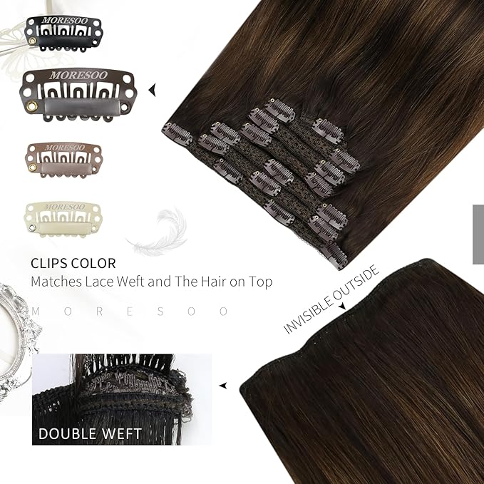 Moresoo Clip in Hair Extensions Remy Double Weft Human Hair Clip in Extensions Straight Balayage Hair Extensions Real Human Hair Clip ins Ombre Dark Brown with Chestnut Brown 7pcs/120g 18inch