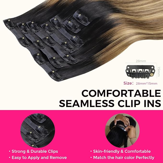 Lashey Seamless Hair Extensions Real Human Hair Clip ins 16 Inch 7pcs 110g Ombre Balayage Ash Brown to Honey Blonde with Dark Roots Hair Extensions Human Hair Straight Natural Hair for Women