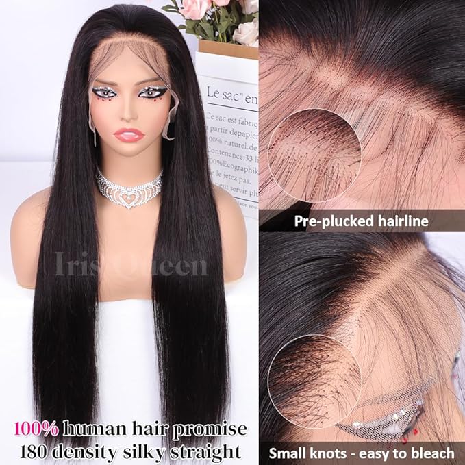 Iris Queen 12A 13x4 Straight HD Lace Front Human Hair Wigs Pre Plucked 180 Density Brazilian Virgin Human Hair Transparent Lace Frontal Wigs for Black Women Natural Black Color(22 inch)