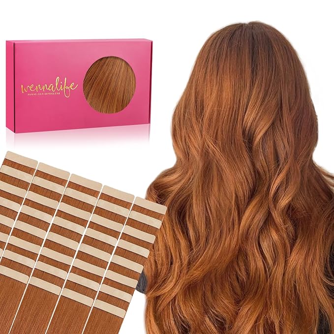 WENNALIFE Tape in Hair Extensions, 22 Inch Dirty Ginger Human Hair, 40pcs 100g Straight Invisible Reusable Real Extensions
