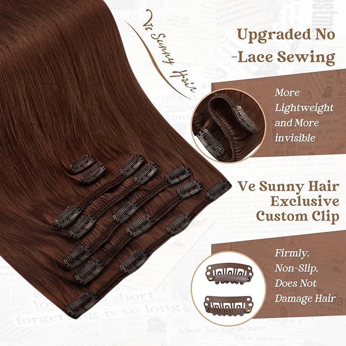 Ve Sunny Hair Extensions Clip in Human Hair Dark Auburn Red Remy Human Hair Extensions for Women Long Hair Clip in Extensions 7pcs 120g 22 inch