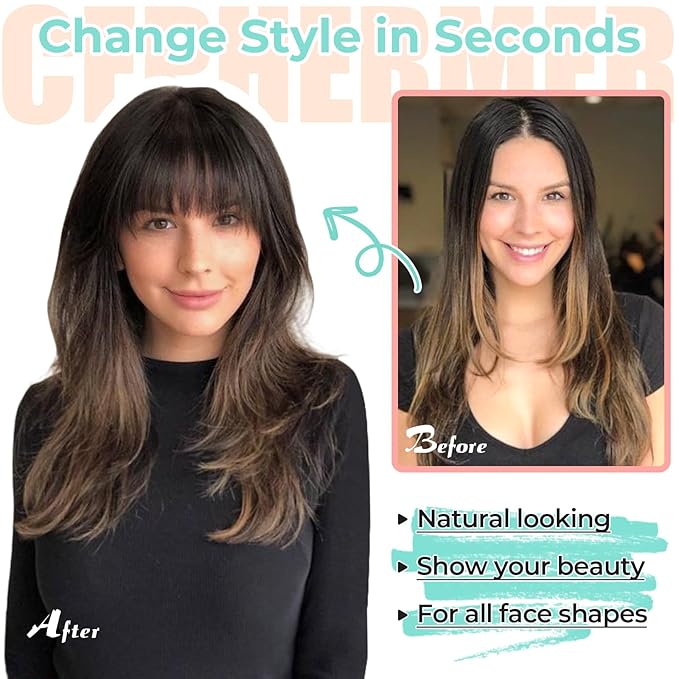 Clip in Bangs, Synthetic French Bangs Hair Clip, Fake Bangs Fringe with Temples Hairpieces for Women Natural Curved Hair Extensions for Daily Wear Medium Brown