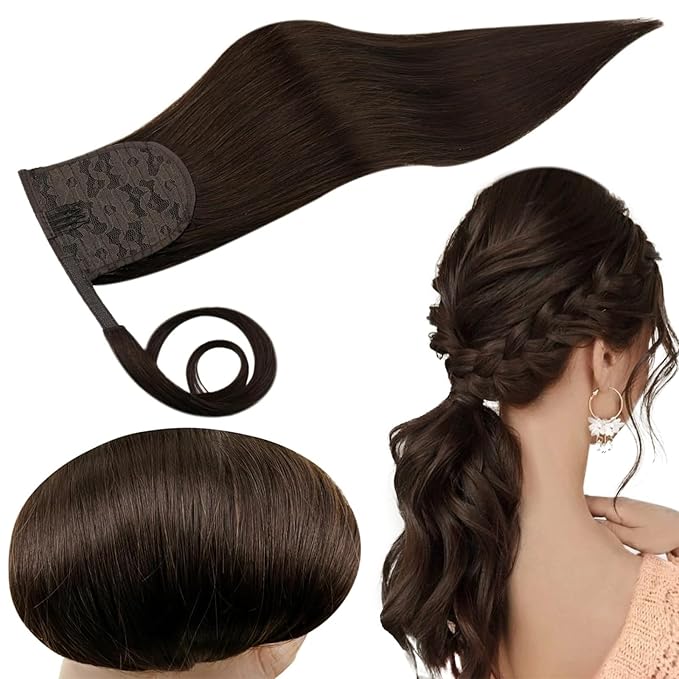 RUNATURE Ponytail Extension Human Hair, Real Hair Ponytail Extension Dark Brown, Remy Human Hair Ponytail Wrap Around, Tangle Free Hair, Easy To Apply, 18 Inch 80g #2 Dark Brown