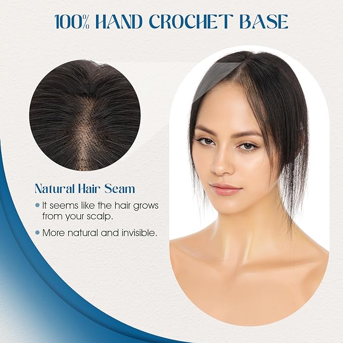 Hair Topper with Side Bangs Human Hair Curtain Bangs Topper for Women, T-part Lace Base Real Human Hair Topper Hair Piece for Daily Wear(Side Bangs,Natural Black)