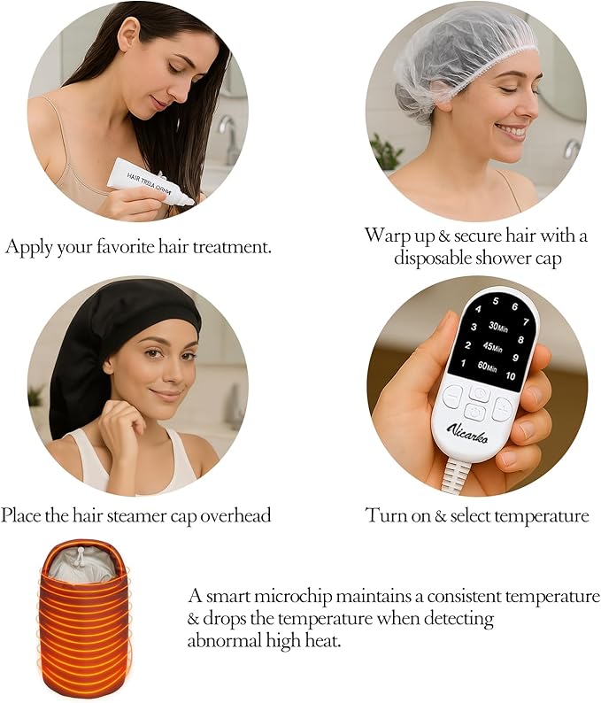 VICARKO Steamer Cap for Deep Conditioning - Extended Hood with 10 Heat Levels, 3 Timers, Portable Thermal Treatment for Natural Curly Hair, Black