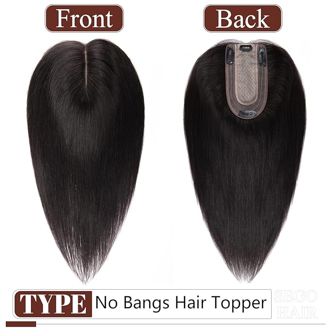SEGO Real Human Hair Topper for Women, No Bangs Hair Topper with Anti-Slip Clips (14 Inches 1B Natural black)