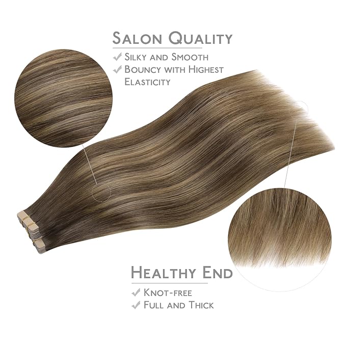 WENNALIFE Tape in Hair Extensions Human Hair, 40pcs 100g 14 inch Balayage Chocolate Brown to Caramel Blonde Hair Extensions Real Human Hair Straight Tape in Extensions Reusable Real Hair Extensions