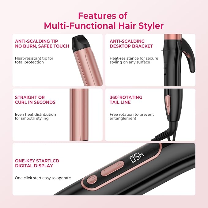 2 in 1 Curler and Straightener Travel Dual Voltage Curling Iron 1.25 Inch Normal Size Hair Curler Ceramic with EU/UK Plug Adapter for Travel Curling Wand Adjustable Temperature and Anti-Tangle